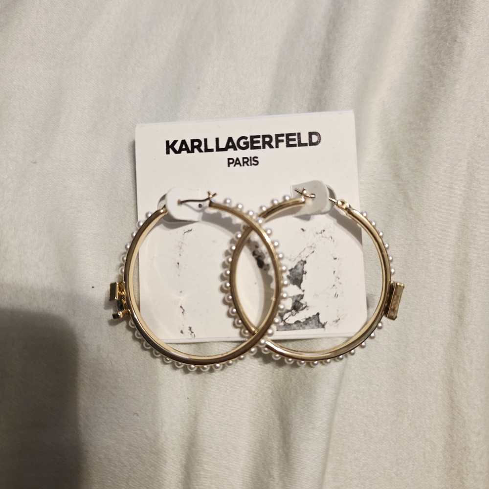 Karl Lagerfield Paris Faux Pearl Hoop Gold Earrings With Karl Crystal Logo - Picture 2 of 9